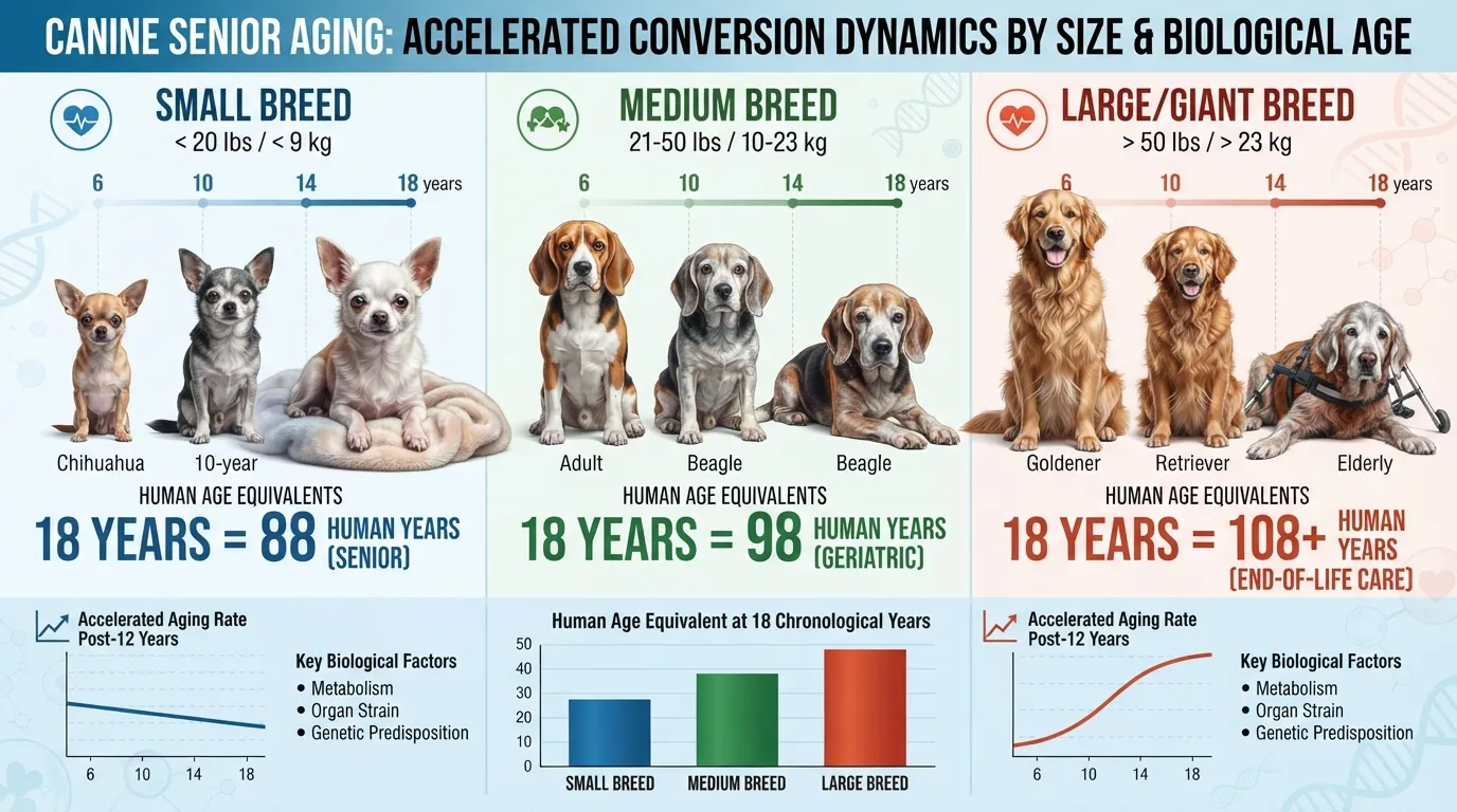 Infographic chart comparing 18 dog years to human years across small, medium, and large dog size categories.