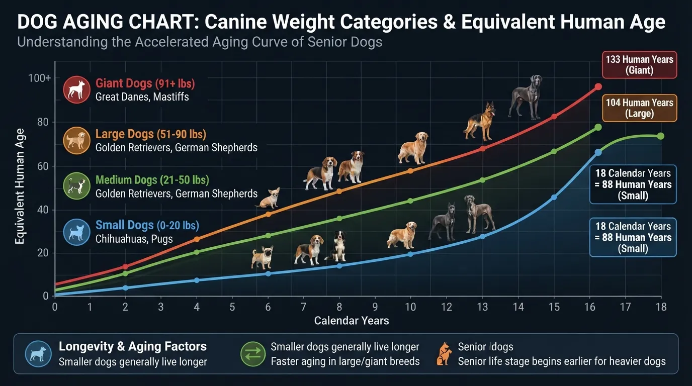 Infographic chart comparing 18 dog years to human years categorized by small, medium, large, and giant dog sizes, illustrating canine aging rates.