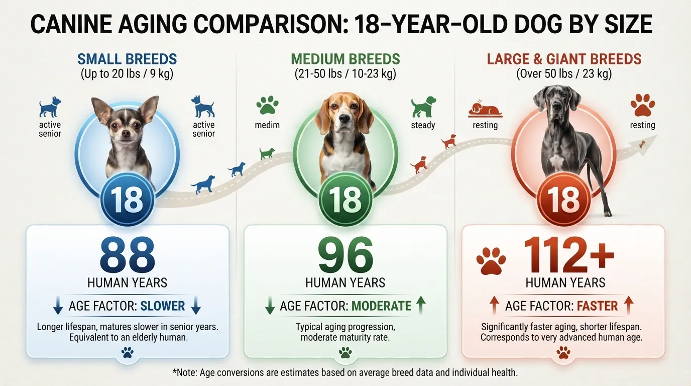 Infographic chart comparing 18 dog years to human years across small, medium, and large dog breeds to show age differences.