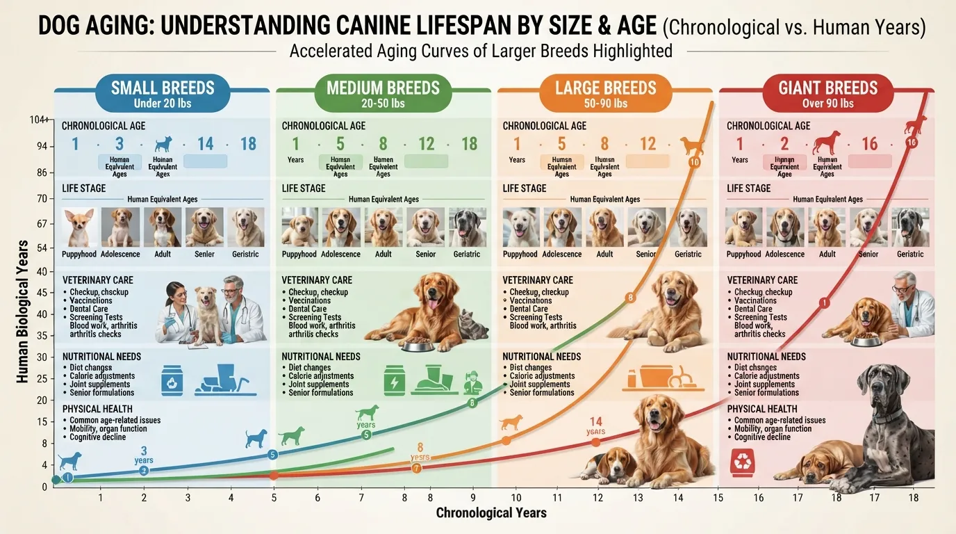 Comprehensive chart comparing 18 dog years to human years categorized by small, medium, large, and giant dog sizes, illustrating aging rates for canine care.