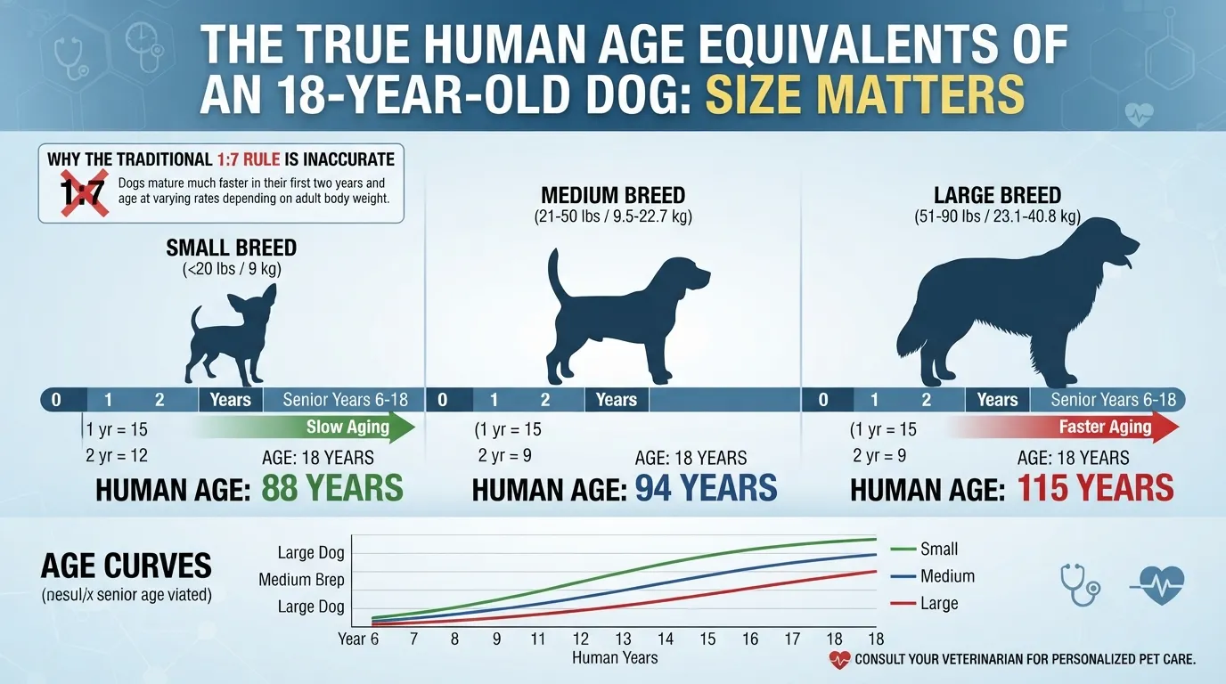 A detailed comparison chart showing 18 dog years converted to human years categorized by small, medium, and large dog sizes to bust the 1 to 7 years myth.