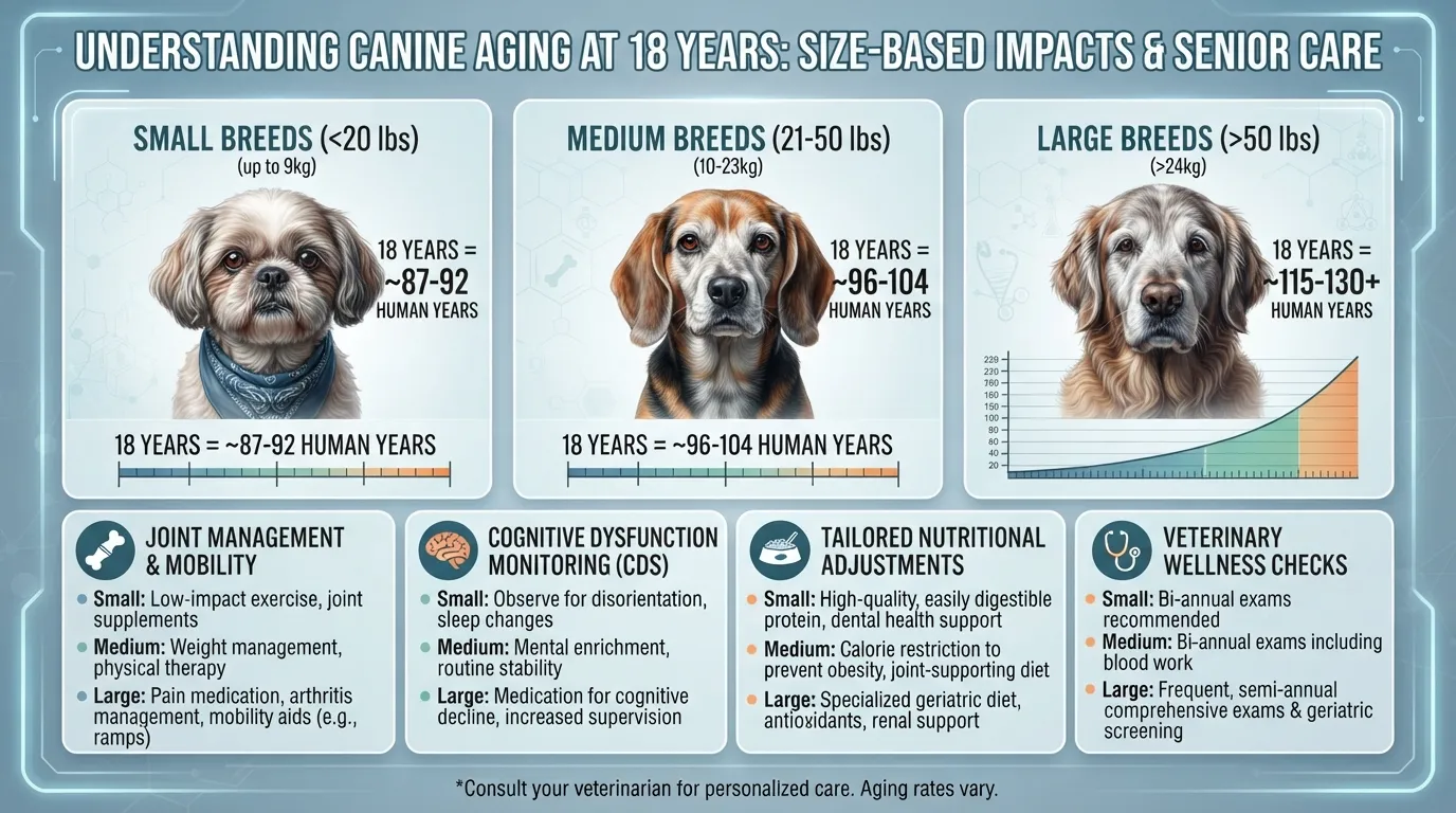 Infographic showing 18 dog years converted to human years categorized by small, medium, and large dog sizes alongside essential senior care tips.