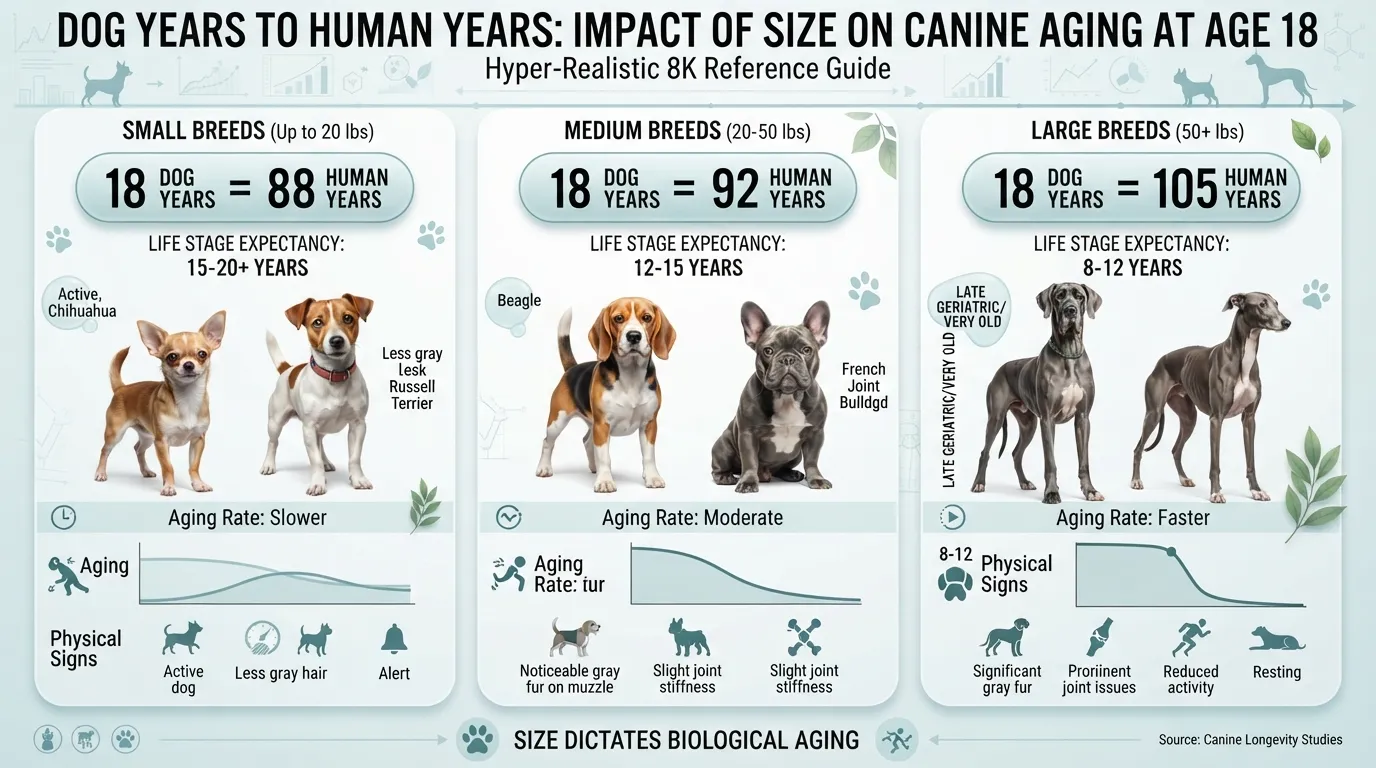 Infographic chart comparing 18 dog years to human years categorized by small, medium, and large dog sizes.