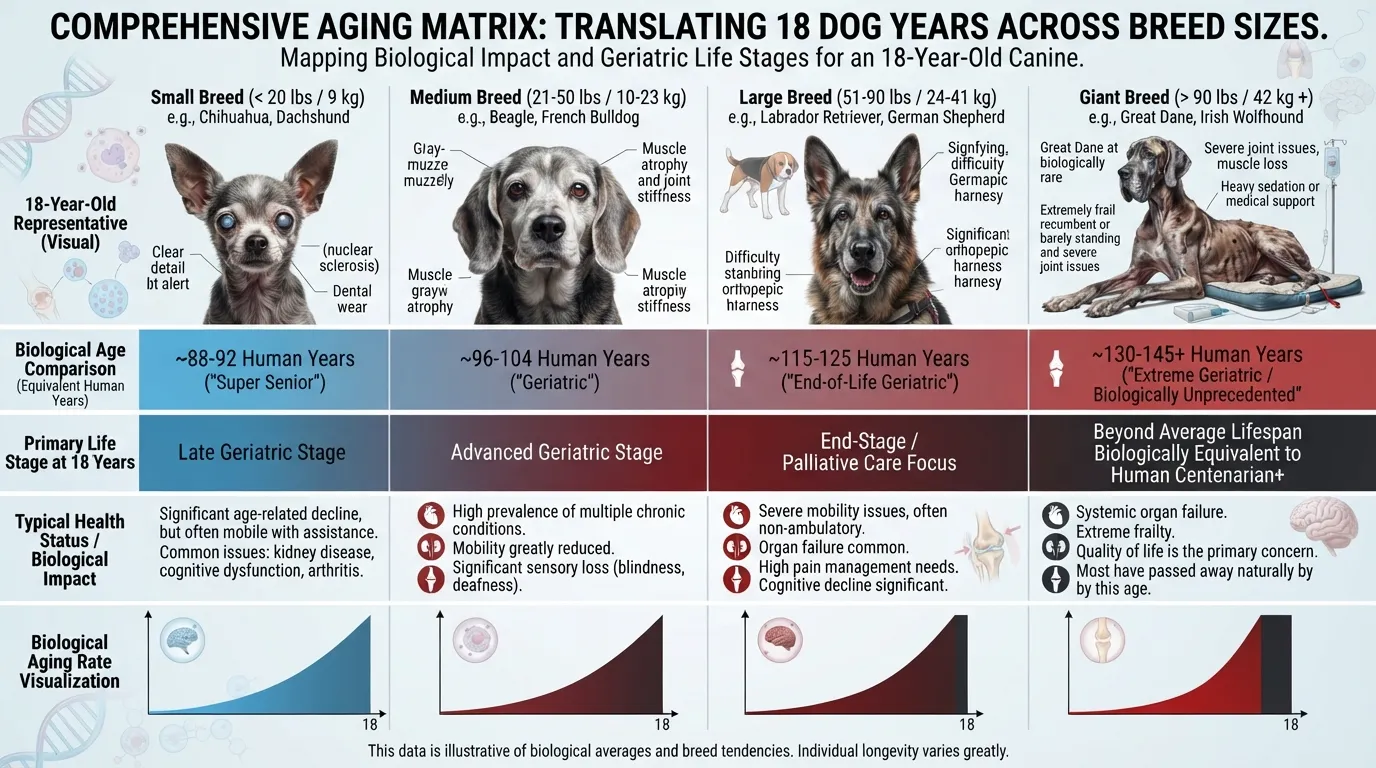 An infographic chart illustrating 18 dog years converted into human years categorized by dog size and corresponding life stages.