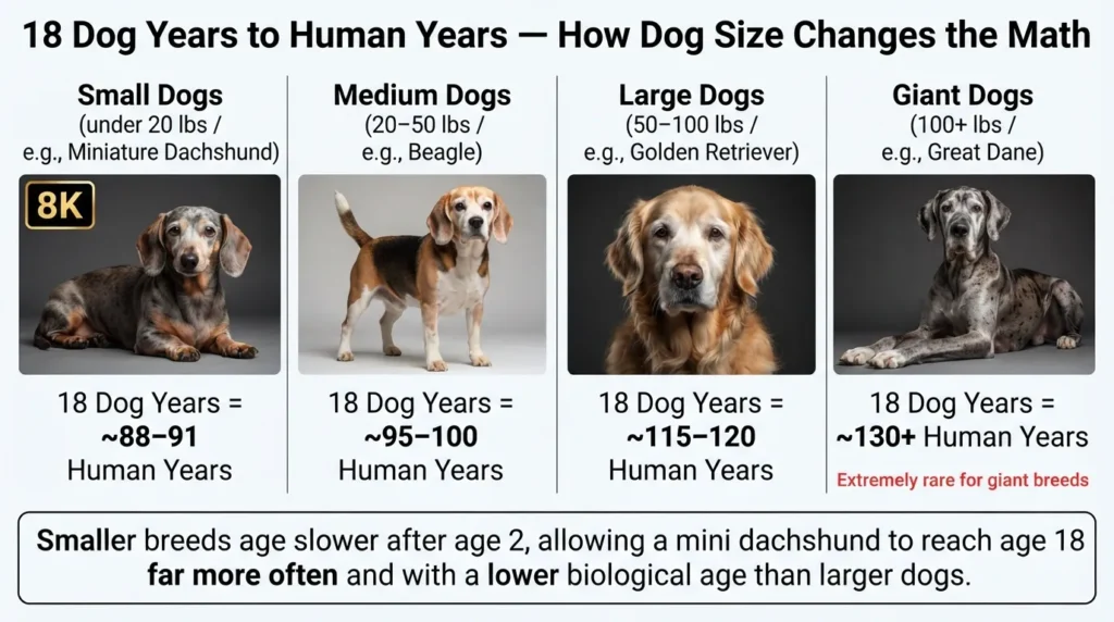 Infographic chart comparing an 18-year-old dog's age in human years across small, medium, large, and giant dog breed sizes, showing how smaller dogs like dachshunds age slower than giant breeds.