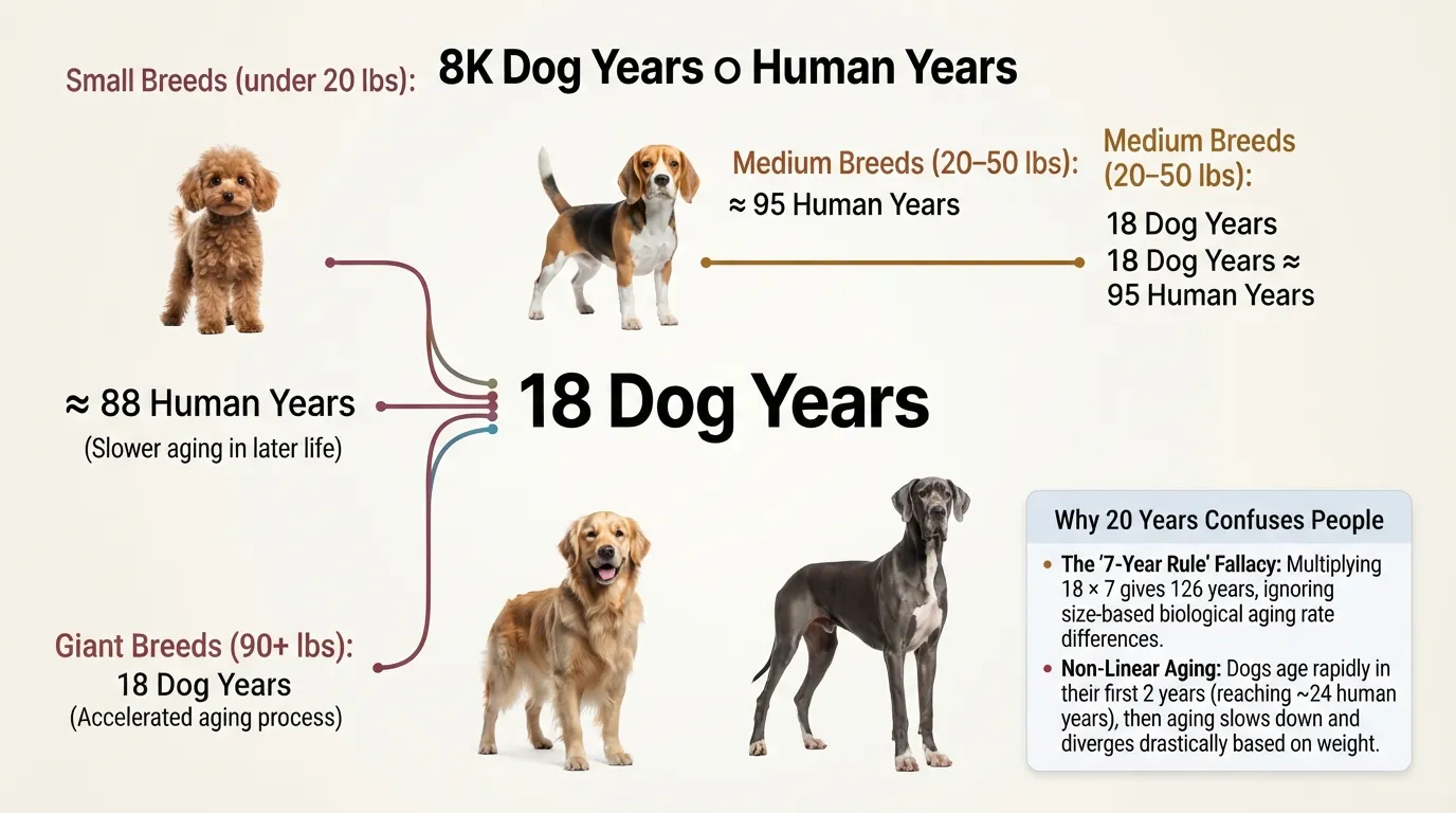 A detailed chart comparing 18 dog years to human years across small, medium, large, and giant dog breeds.