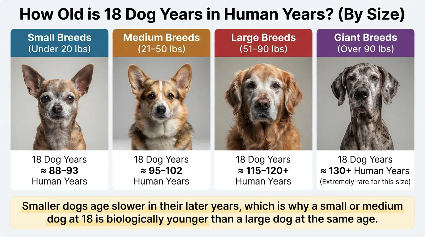 A comparative chart showing an 18-year-old dog's age in human years categorized by small, medium, large, and giant breed sizes.