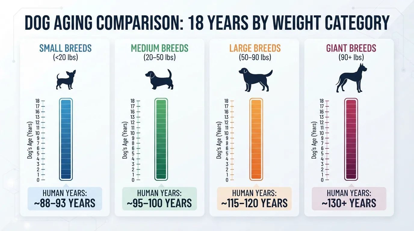 A detailed comparison chart showing how 18 dog years convert into equivalent human years across small, medium, large, and giant dog breeds.