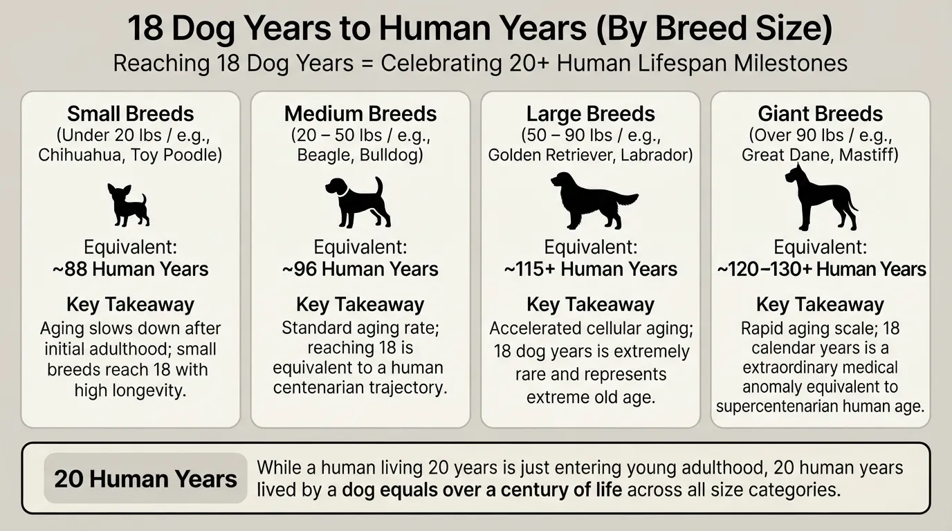 A comprehensive visual comparison chart showing an 18-year-old dog converted into human years across small, medium, large, and giant breed sizes, highlighting that 18 dog years equals roughly 88 to 120+ human years depending on weight.
