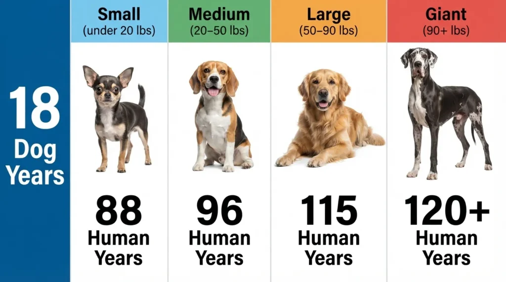Comparison chart showing how 18 dog years equals 88 human years for small dogs, 96 for medium dogs, 115 for large dogs, and 120 for giant dogs.