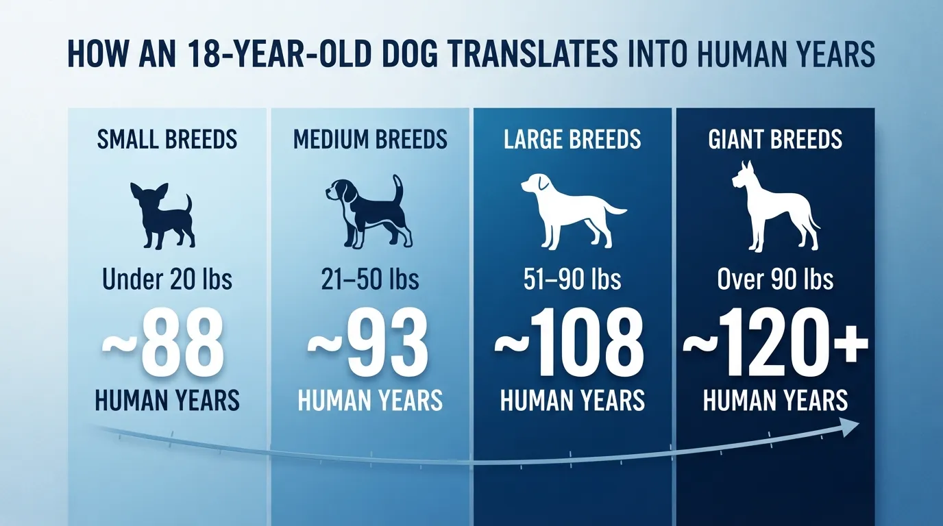 Comparative chart showing how 18 dog years translate to human years for small, medium, large, and giant dog breeds.