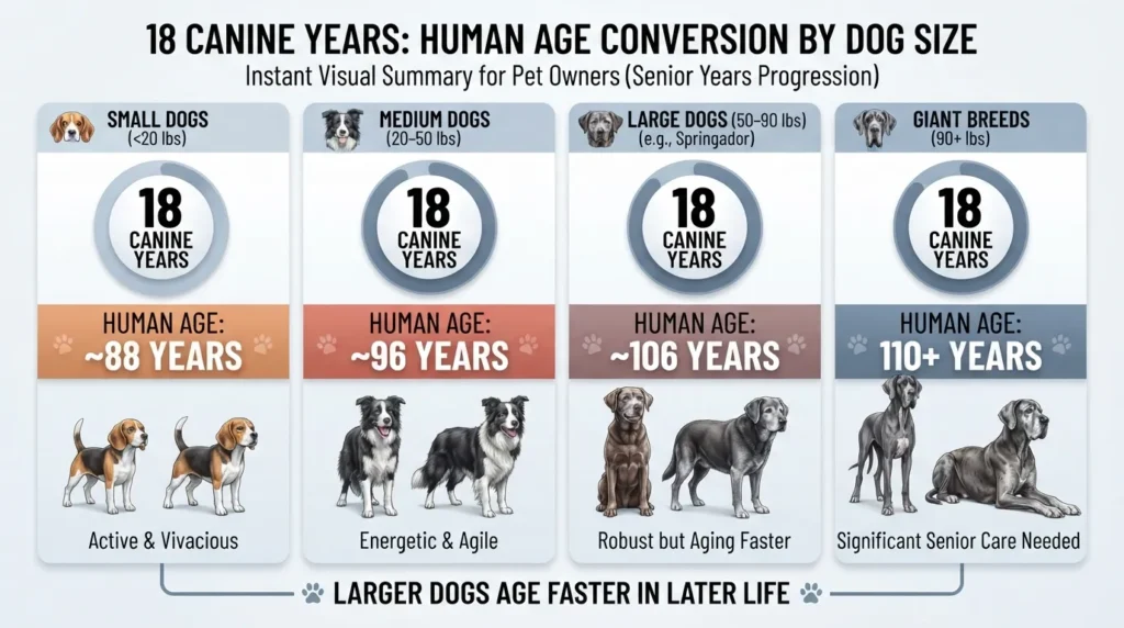 Comparison chart showing how 18 dog years equals 88 to 110 human years depending on small, medium, large, and giant dog sizes