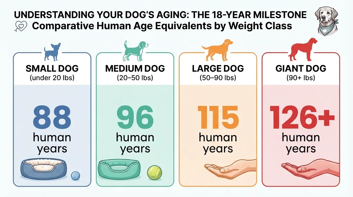 Infographic chart comparing 18 dog years to human years across small, medium, large, and giant dog breeds.