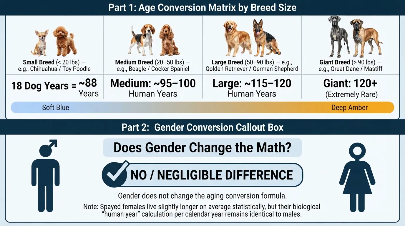 Chart showing how an 18-year-old dog converts to human years across small, medium, large, and giant breeds, alongside a gender aging comparison.