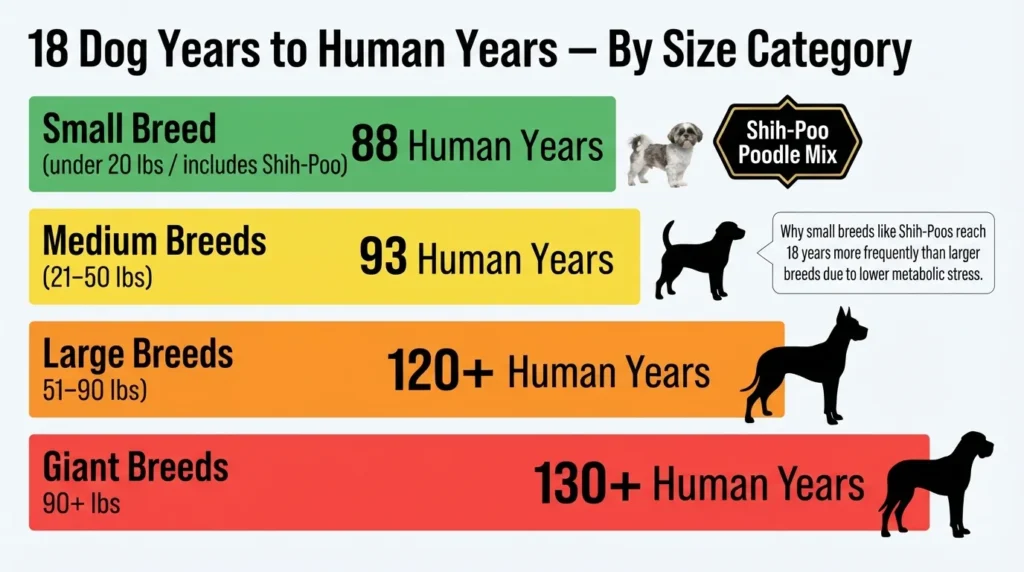 Comparison chart showing how 18 dog years equals 88 human years for small breeds like a Shih-Poo, 93 for medium dogs, and 120+ for large breeds.