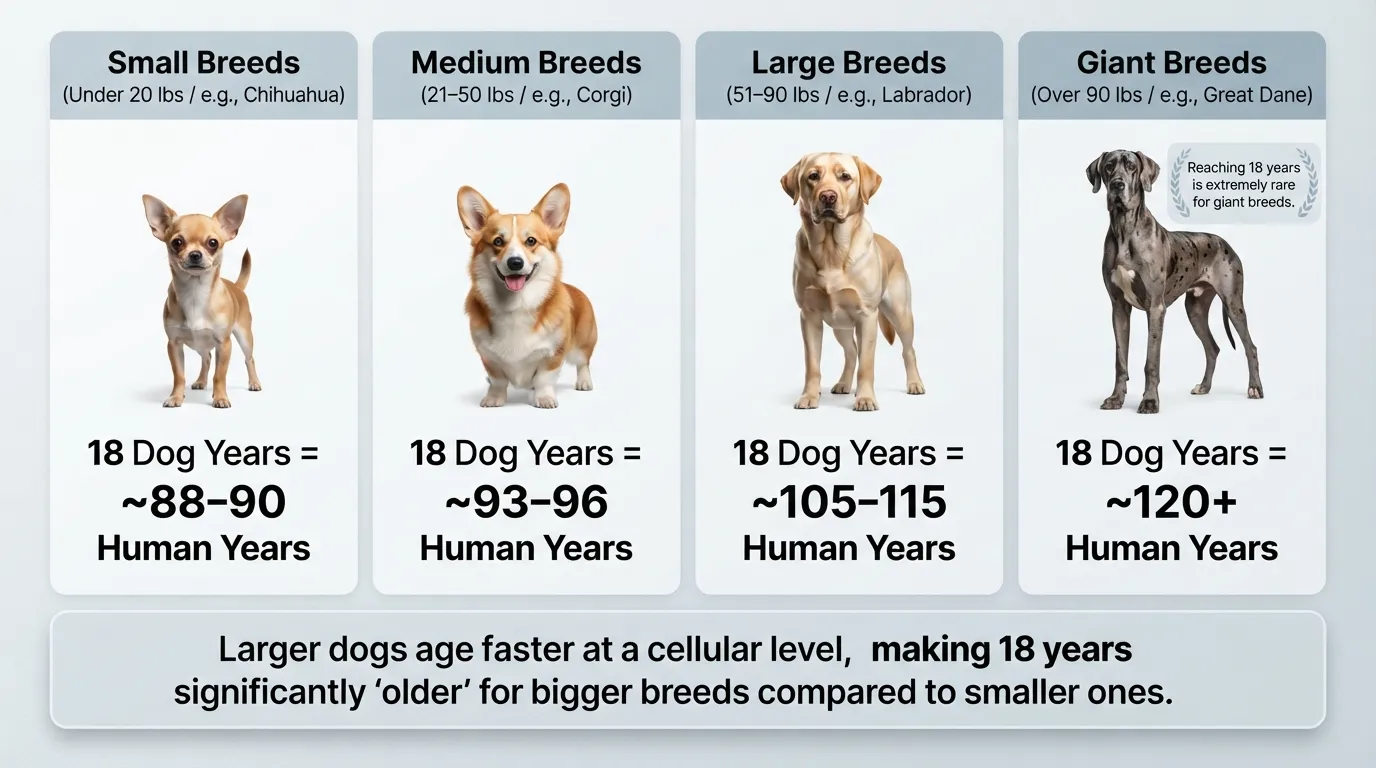 Chart comparing 18 dog years to human years across small, medium, large, and giant dog breeds.