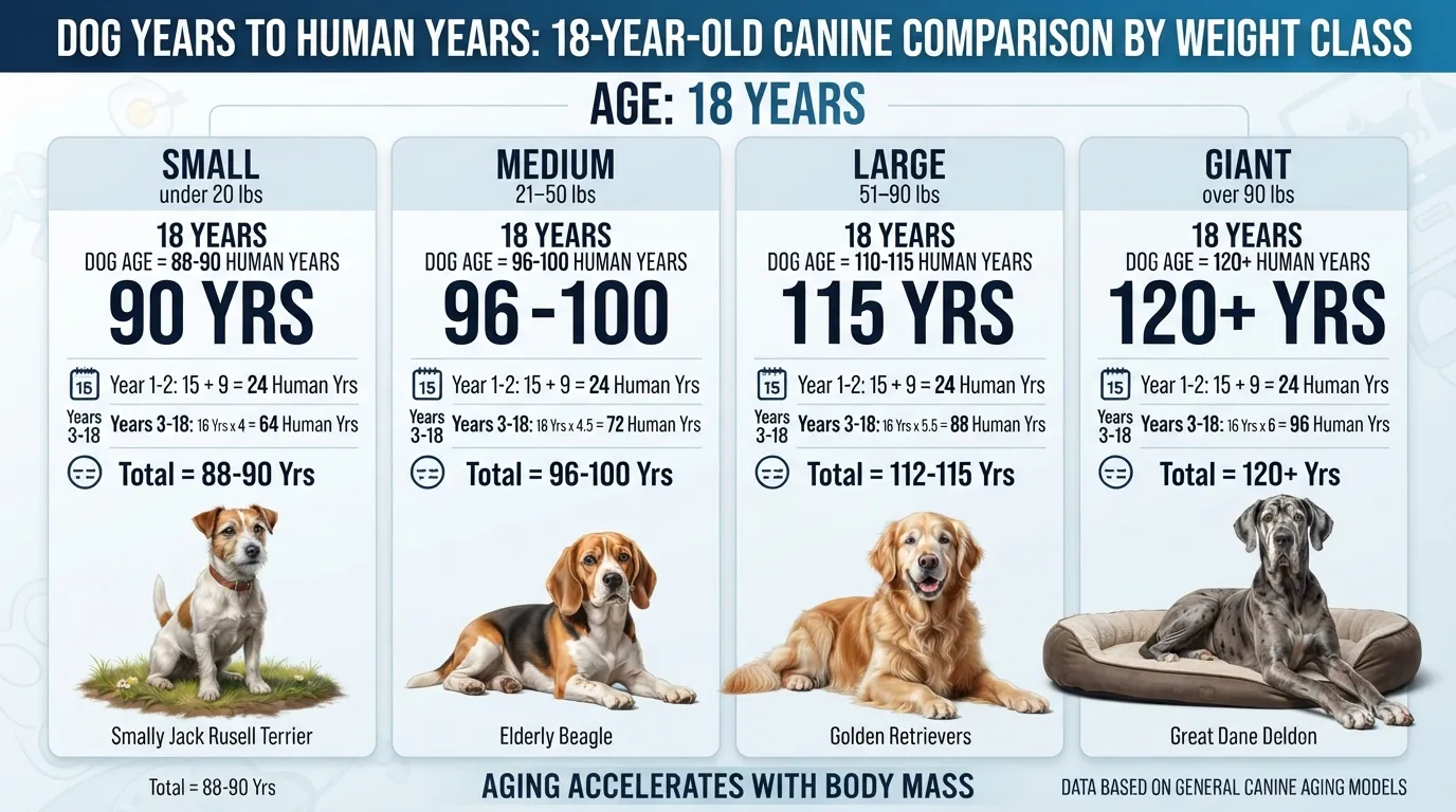 Comparison chart showing how 18 dog years convert to human years across small, medium, large, and giant dog breeds.