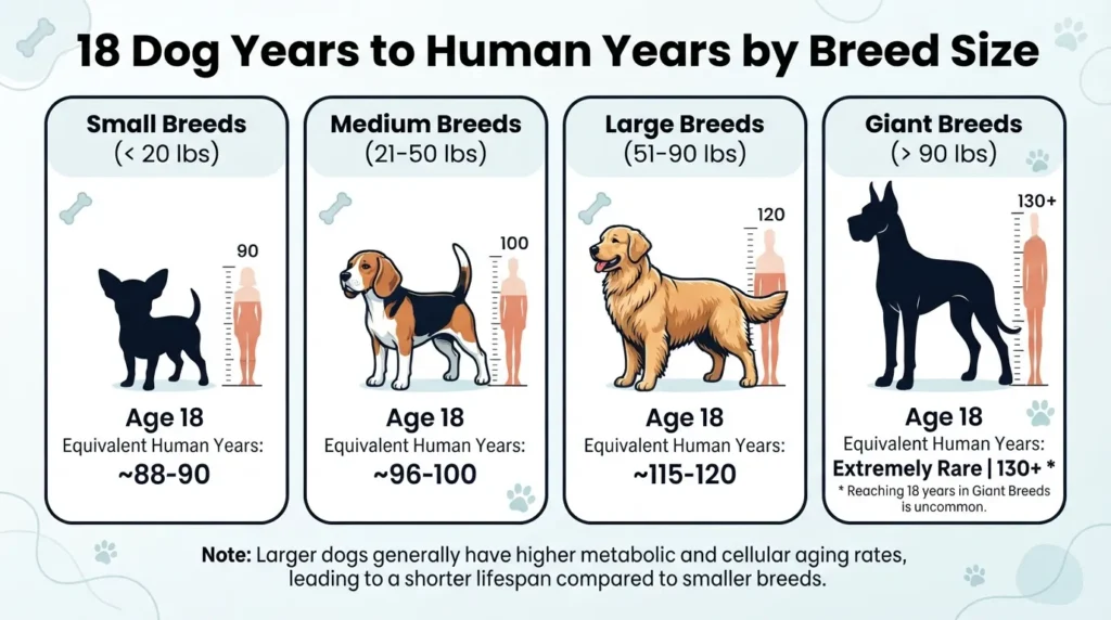 Comparison chart converting 18 dog years to human years based on small, medium, large, and giant dog sizes.