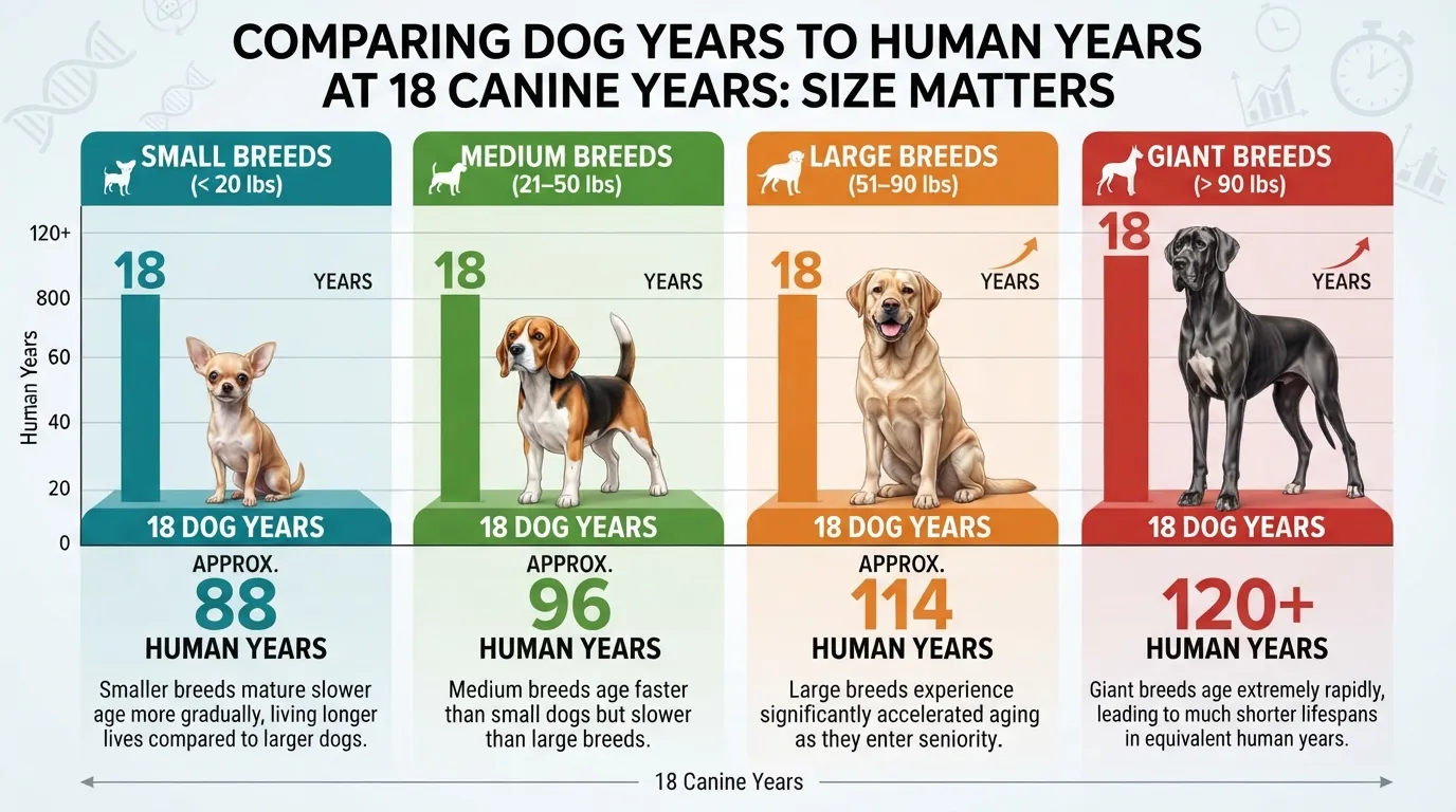 Infographic chart comparing 18 dog years to human age across small, medium, large, and giant dog breeds.