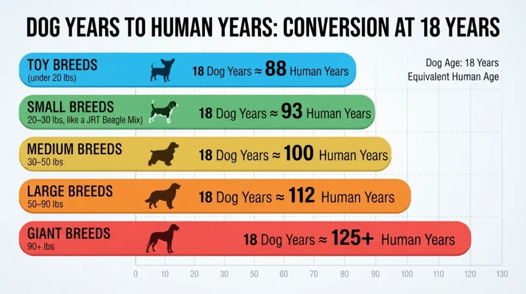 Comparison chart showing an 18-year-old dog converted to human years across toy, small, medium, large, and giant breed sizes.