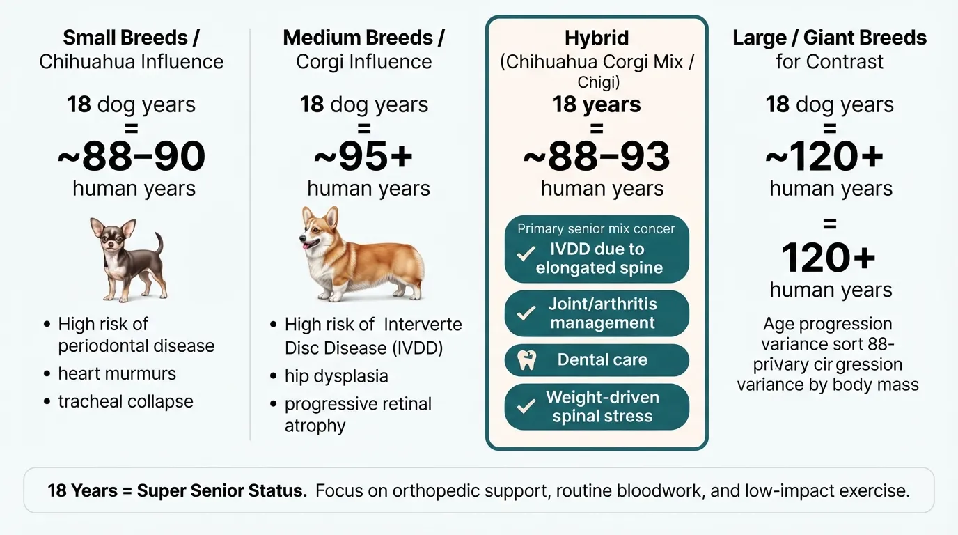 Comparison chart showing how 18 dog years convert to human years across small, medium, and large dog breeds, highlighting health implications for a senior Chihuahua Corgi mix.