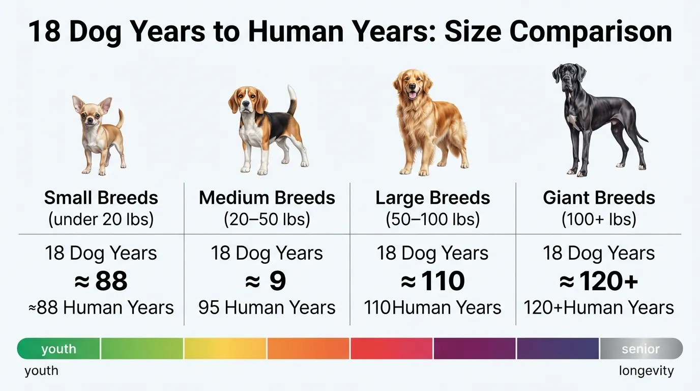 Comparison table and chart showing how 18 dog years convert to human years across small, medium, large, and giant dog breeds.