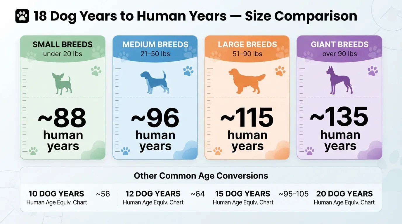 Comprehensive dog age chart showing how an 18-year-old dog converts to human years across small, medium, large, and giant breeds.