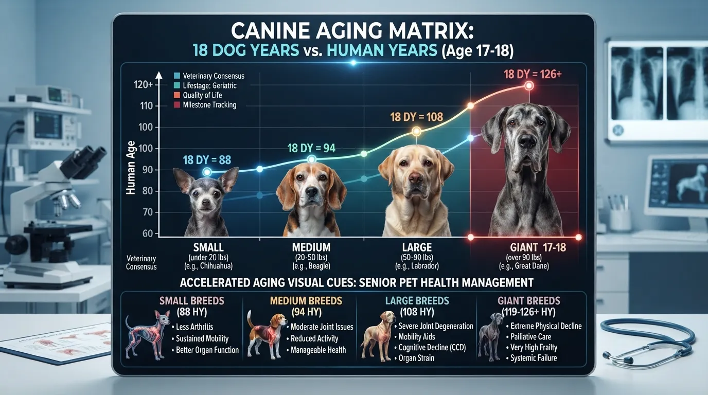 Infographic chart comparing 18 dog years to human years categorized by small, medium, and large dog sizes for a 17-year-old senior dog.