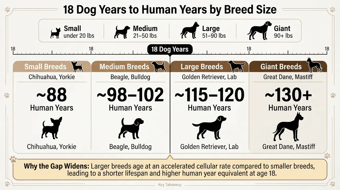Comprehensive dog age comparison chart showing how 18 dog years translates to human years across small, medium, large, and giant breeds.