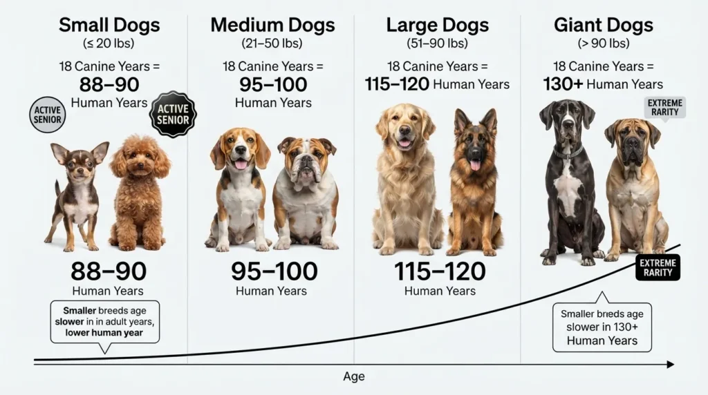 Comparison chart showing how 18 dog years convert to human years across small, medium, large, and giant dog breed sizes.
