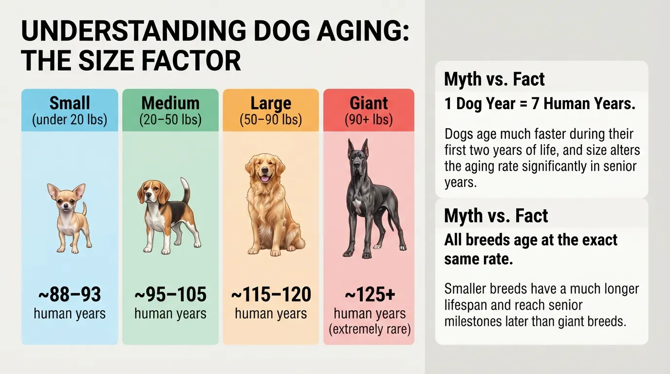 Comparison chart showing how an 18-year-old dog converts to human years across small, medium, large, and giant breeds, alongside corrections to common dog aging myths.