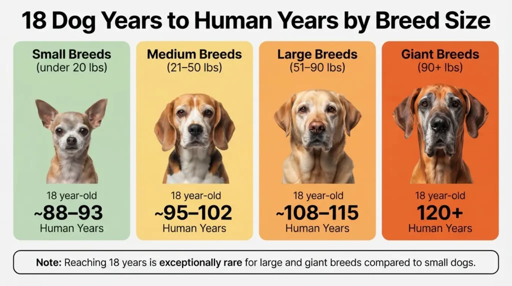 Comparison chart showing how an 18-year-old dog's age converts to human years across small, medium, large, and giant dog breeds.