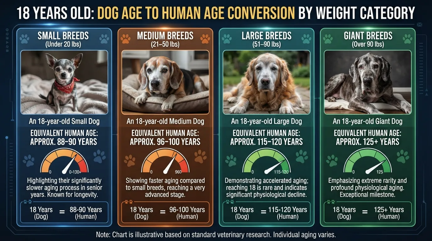 Comprehensive dog years to human years conversion chart comparing small, medium, large, and giant dog breeds at age 18.