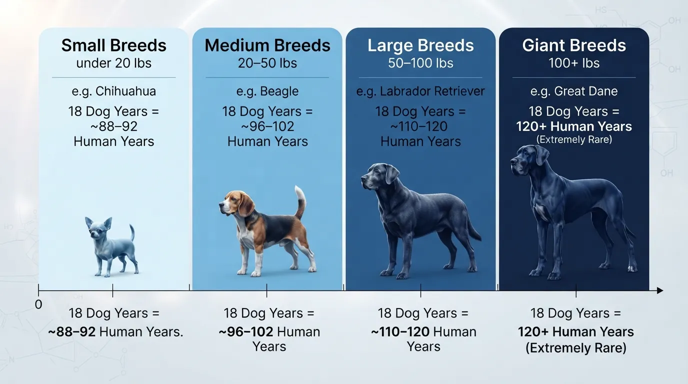 Comparison chart showing 18 dog years in human years categorized by small, medium, large, and giant dog breeds.