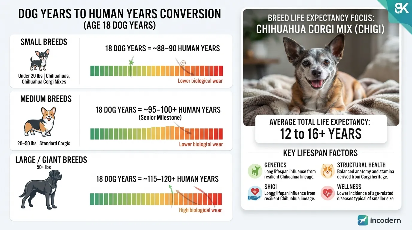 Chart comparing 18 dog years to human years by size, showing the life expectancy range for small Chihuahua Corgi mixes alongside medium and large dogs.