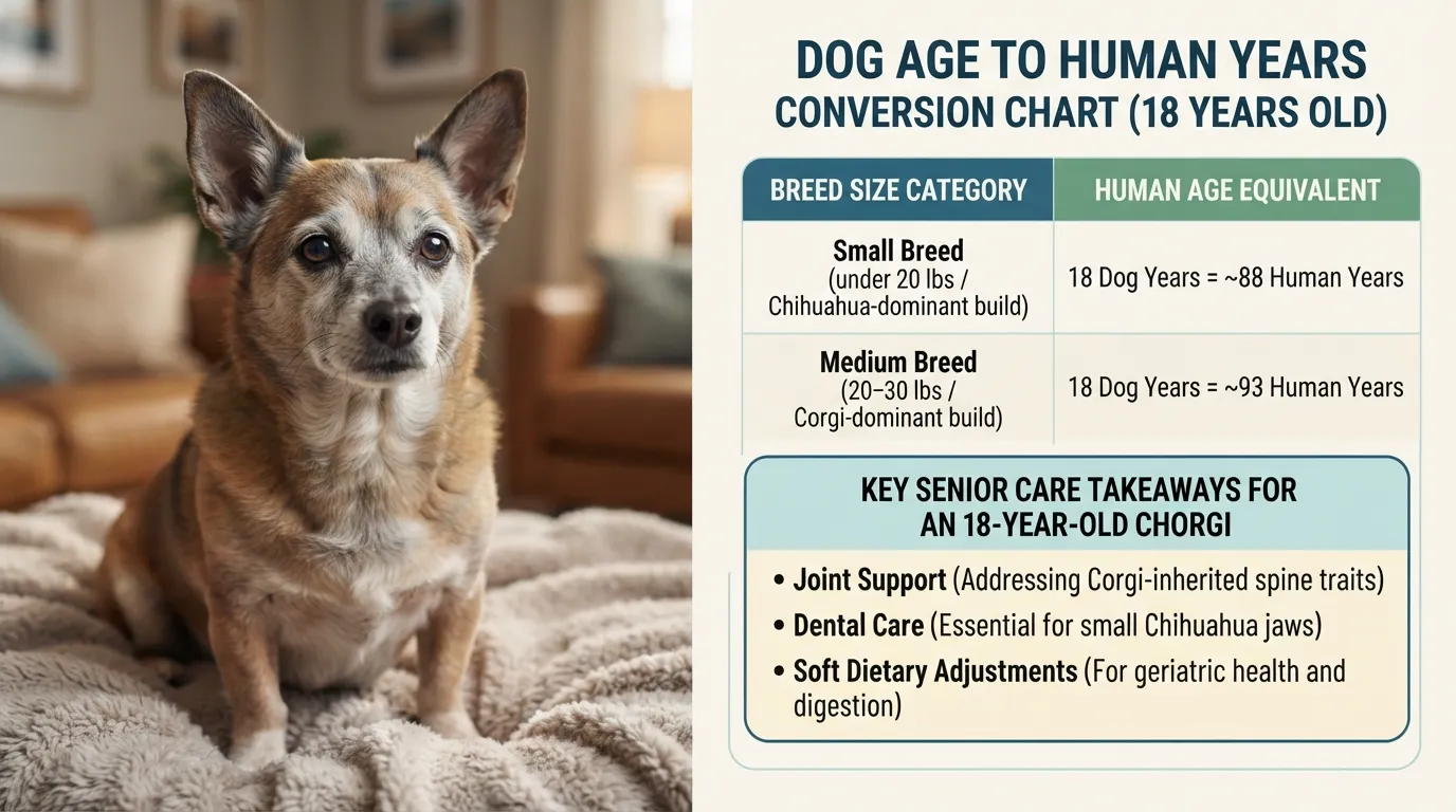 Comparison chart showing how an 18-year-old small to medium Chihuahua Corgi mix converts to human years based on body size.