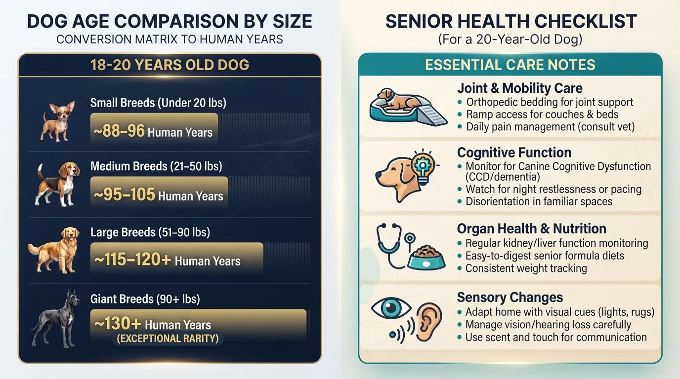 Infographic chart comparing an 18 to 20-year-old dog's age in human years by breed size (small, medium, large, giant), accompanied by key geriatric health care notes for senior dogs.