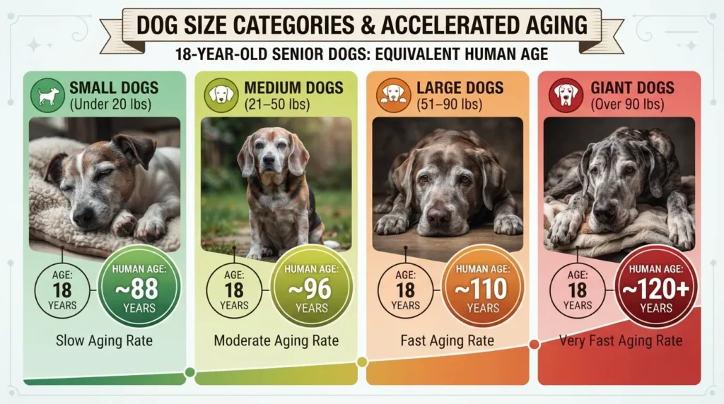 Comparison chart showing how an 18-year-old dog translates to human years across small, medium, large, and giant breeds.