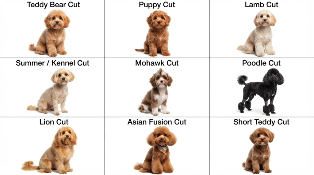 A side-by-side visual chart displaying 9 popular Cavapoo haircut styles, including the Teddy Bear cut, Puppy cut, Lamb cut, and Summer shave.