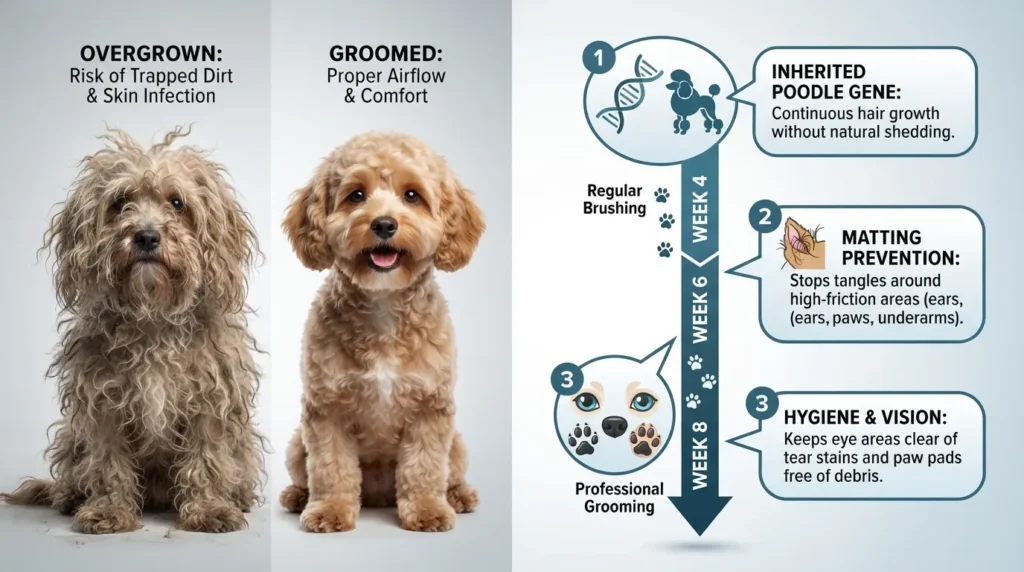 A groomed Cavapoo sitting next to a grooming schedule diagram showing non-shedding coat growth and the necessity of regular haircuts every 4 to 8 weeks.