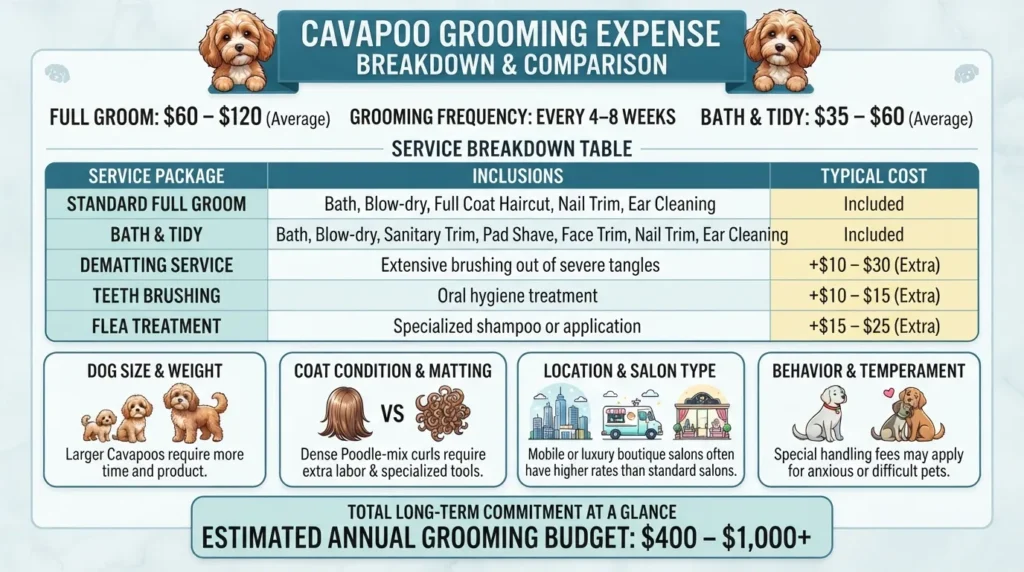 Infographic table showing the average cost of grooming a Cavapoo, including full groom prices, bath-only sessions, professional add-ons, and factors that influence pricing.