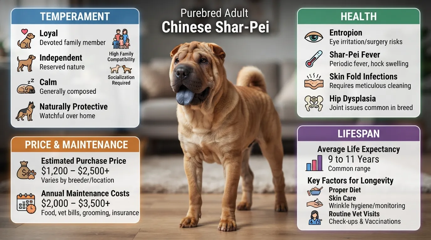 An informational visual chart of a Chinese Shar-Pei dog detailing its distinct wrinkled skin, loyal temperament traits, common health issues, average price range, and life expectancy.