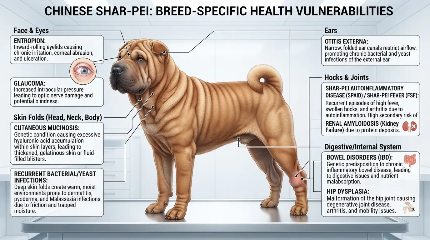 An infographic detailing the common health issues of a Chinese Shar-Pei dog, highlighting Shar-Pei Fever, Entropion eye problems, and deep skin fold infections.
