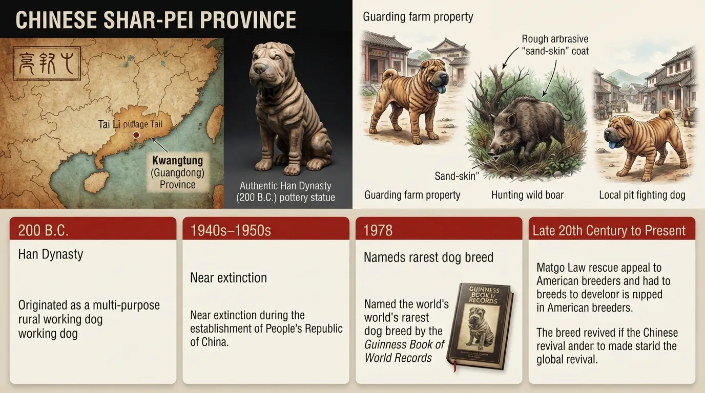 Infographic showing the historical timeline of the Chinese Shar-Pei, from Han Dynasty roots in Kwangtung Province to its near-extinction and modern rescue.