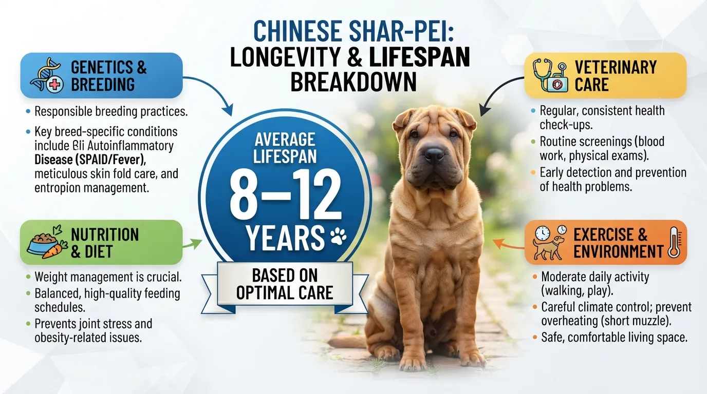 Infographic showing the average lifespan of a Chinese Shar-Pei dog along with key health and care factors influencing longevity.