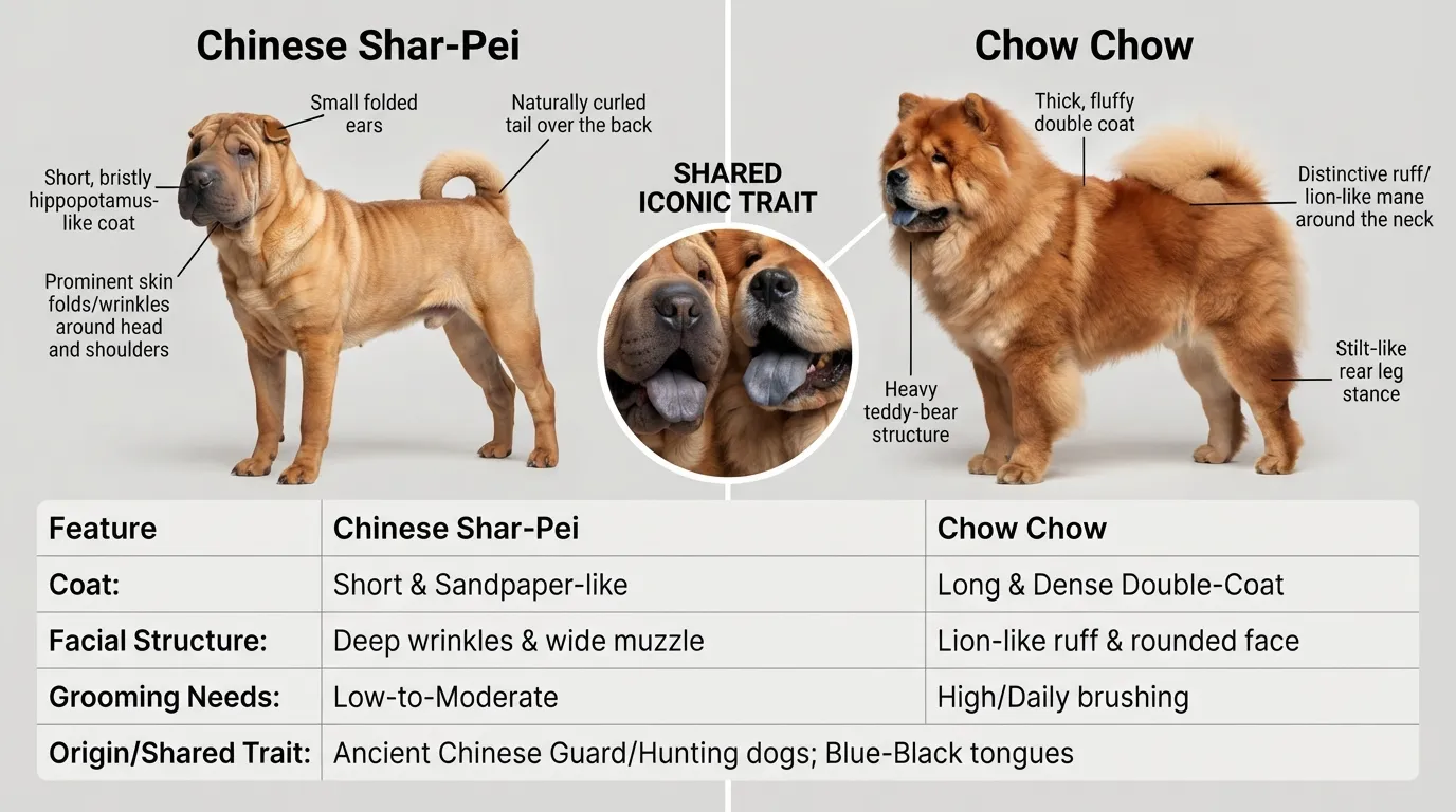 Side-by-side comparison of a wrinkled Chinese Shar-Pei and a fluffy Chow Chow highlighting physical and behavioral differences.