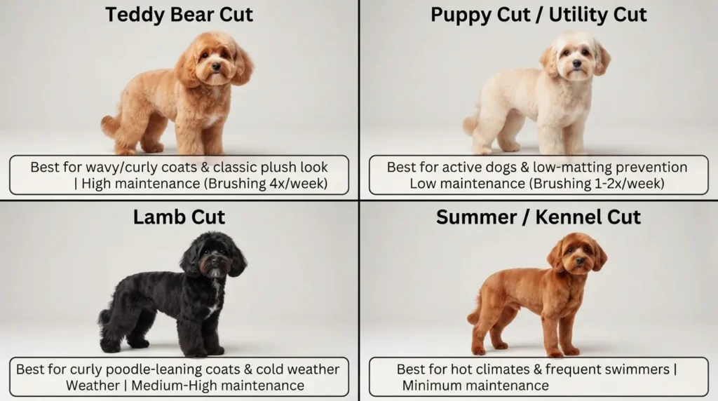Visual comparison guide showing popular Cavapoo haircuts, including the Teddy Bear cut, Puppy cut, and Summer cut, categorized by coat texture and maintenance level.
