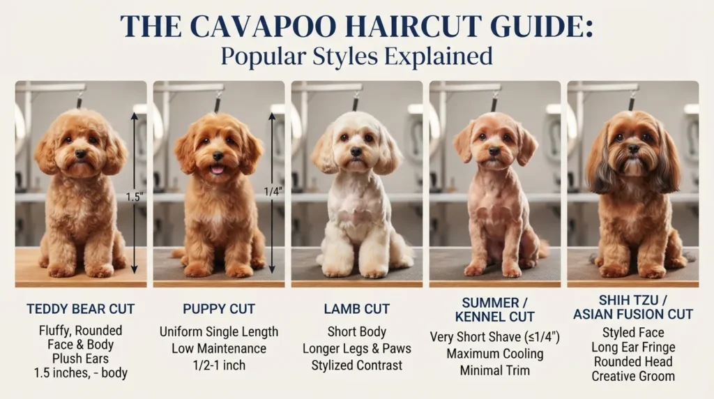 Side-by-side photo grid showing popular Cavapoo haircut styles including Teddy Bear cut, Puppy cut, Lamb cut, Summer cut, and Kennel cut.