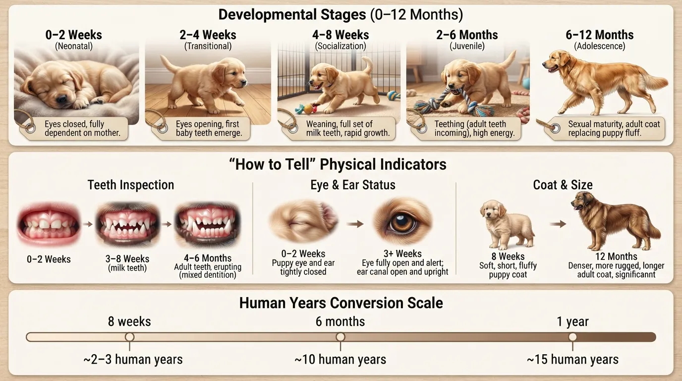 A comprehensive puppy age guide chart showing developmental stages from birth to 12 months, key physical markers to tell age like teeth and coat, and a human years conversion scale.