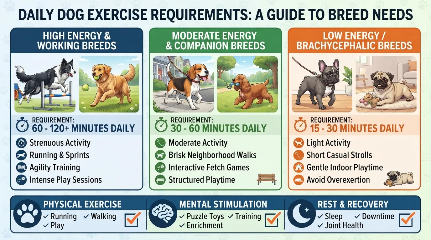 Infographic chart displaying daily exercise needs for high, moderate, and low-energy dog breeds categorized by size and recommended daily activity time in minutes.